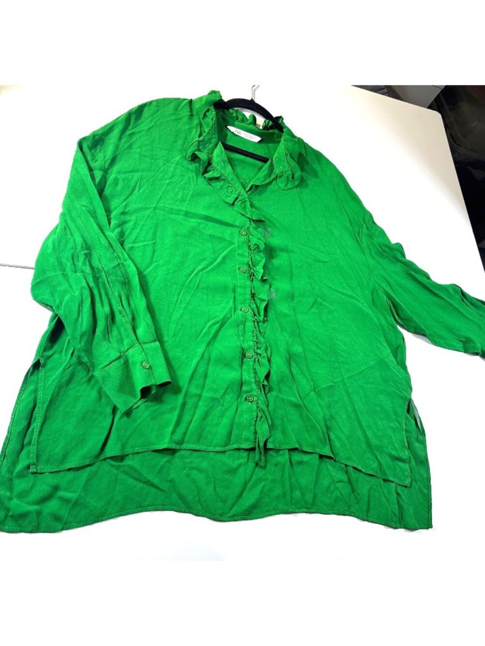 Zara Green Ruffled Button-Up Blouse XXL Long Sleeve Lightweight Made In Turkey
